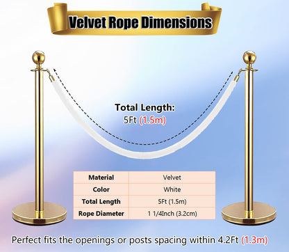 Hrokz 5 Ft Velvet Stanchion Ropes White, 4 Pack Crowd Control Rope Safety Queue Barrier with Gold Hook, VIP Rope for Party Events Decor