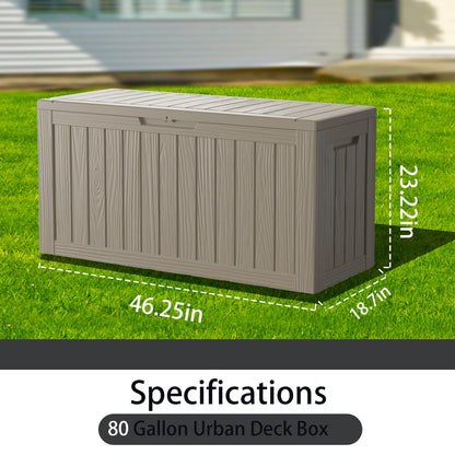 Decksplore 80 Gallon Lockable Resin Deck Box, Waterproof Outdoor Storage Box for Patio Furniture, Garden Tools, Pool Accessories, UV-Resistant Outside Delivery Box, Grey