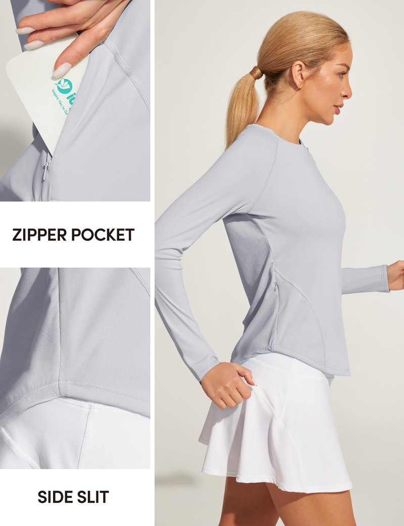 IUGA Rash Guard for Women with Pockets UPF 50+ SPF Shirts for Women Long Sleeve UV Sun Protection Clothing Hiking Swim Shirt Grey