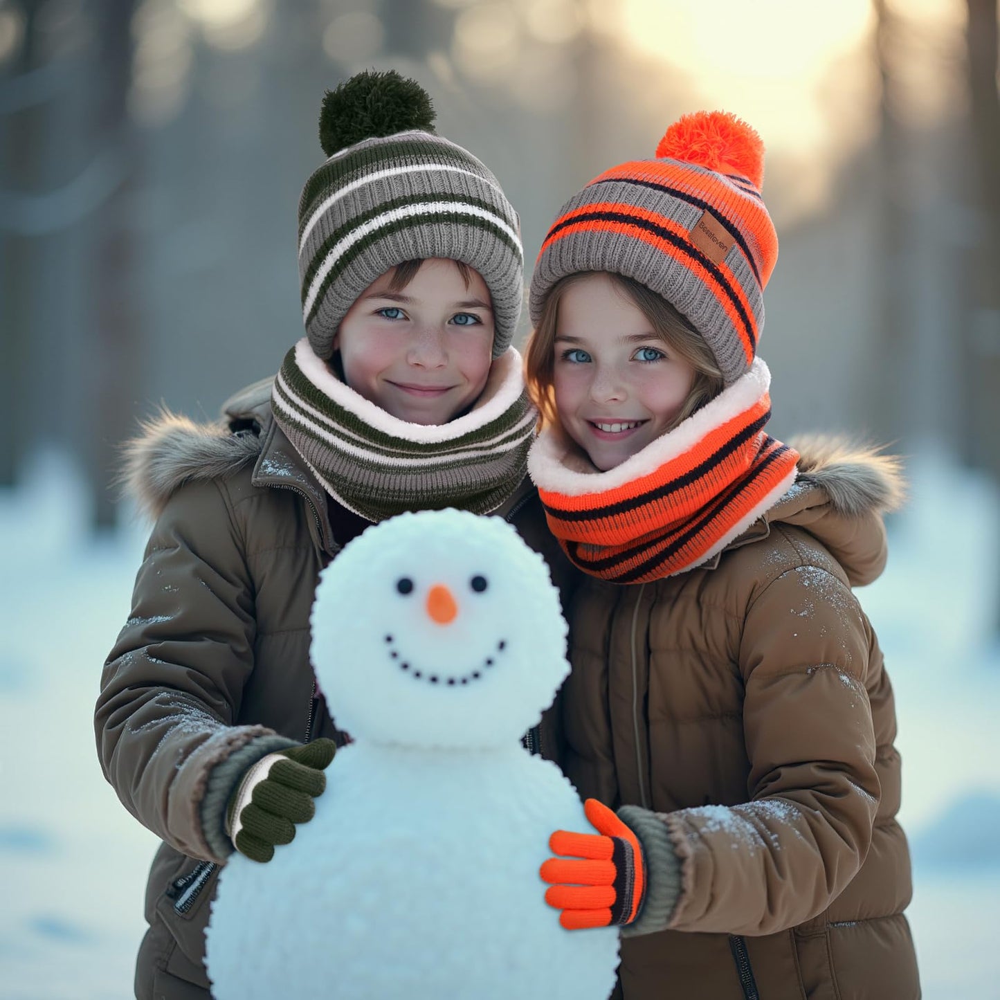 Kids Winter Hat Gloves Scarf Set: Girls Boys Children Beanie Gloves Neck Warmer Knit Set with Thick Warm Fleece Lined For 6-10 Years Old - Orange