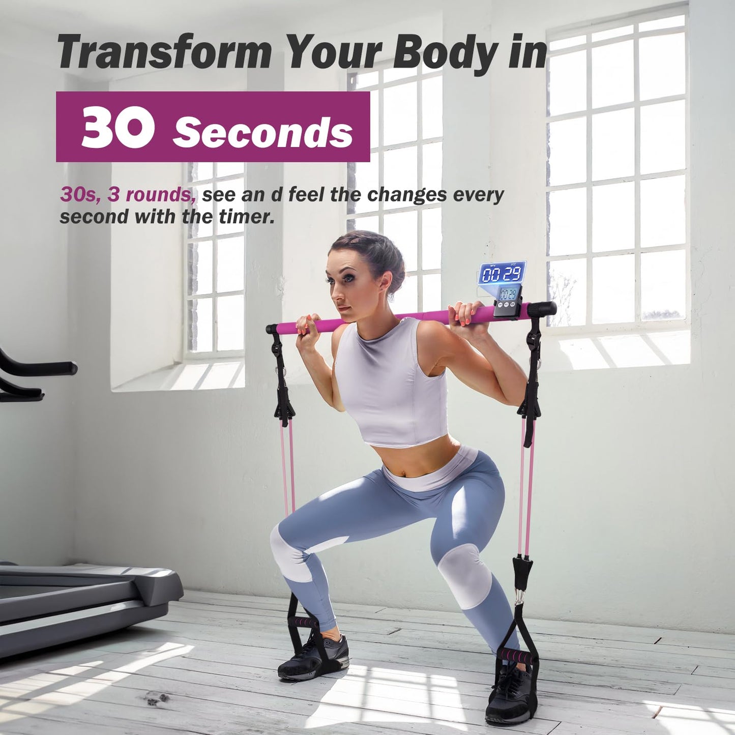 ALongSong Pilates Bar Set With 4 Latex Elastic Resistance Bands 30lb 40lb, Timer, 3 Section Pilates Bar Portable Home Workout Fitness For Yoga, Stretching, Sculpting, Twisting, Squat