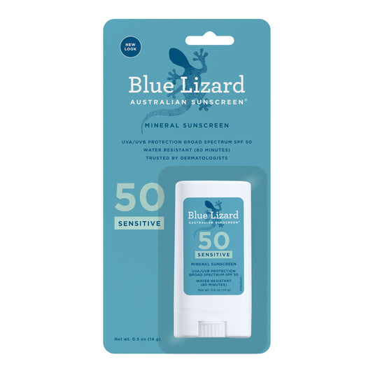 BLUE LIZARD Sensitive Mineral Sunscreen Stick with Zinc Oxide, SPF 50+, Water Resistant, UVA UVB Protection Easy to Apply, Fragrance Free, 0.5 Oz