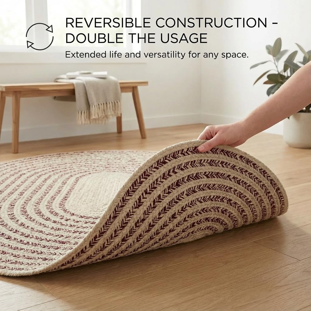 Cotton Braided Rug - 5' x 7' Beige and Burgundy Oval Woven Farmhouse Rug for Living Room - Braided Minimalist Rugs for Bedroom - Rustic Primitive Rugs for Dining Room