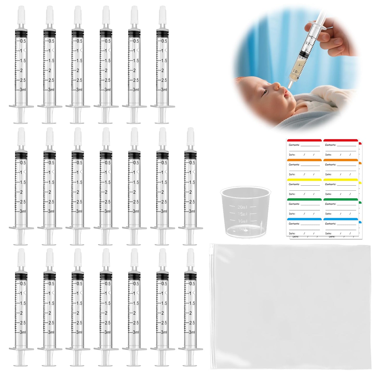 42 Pcs Colostrum Collector Kit, 20 Sterile Sealed Breast Milk Collector(3 ML) - Syringe No-needle with Sealed Caps 20 Stickers 1 Colostrum Collection Measuring Cup(20ml) 1 Slide Lock Storage Bag for Breastfeeding