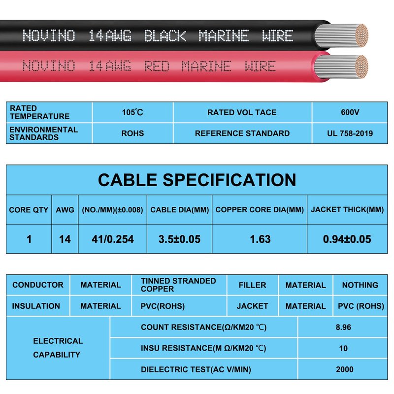 14 Gauge Marine Wire 14 AWG Marine Grade Wire Include 14 Gauge 30FT Red & 30FT Black,14AWG Oxygen-Free Tinned Copper Electrical Cable for Automotive Boat Outdoor RV Camper
