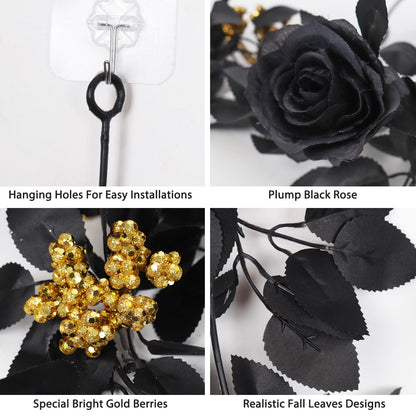 RECUTMS 5.9Ft Black Artificial Roses Flower Garland Fake Halloween Hanging Silk Floral Vines Fall Leaf Wreath for Gothic Halloween Decor Autumn Party Table Centerpiece Home Decor