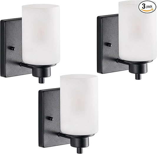 3-Pack Modern Wall Sconces, Indoor Bath Vanity Light Fixture Bathroom for Living Room, Porch, Bedside, Farmhouse Black Finish with White Frosted Glass Shades Wall Mounted Lights