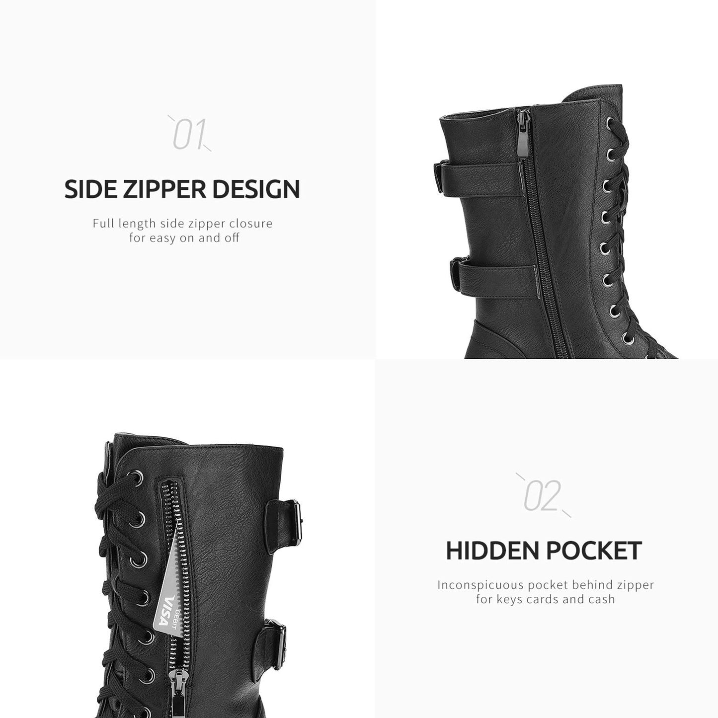 DREAM PAIRS Women's Combat Boots, Mid Calf Built-in Wallet Pocket Lace up Military Ankle Booties,Size 10,Classic Black,TERRAN