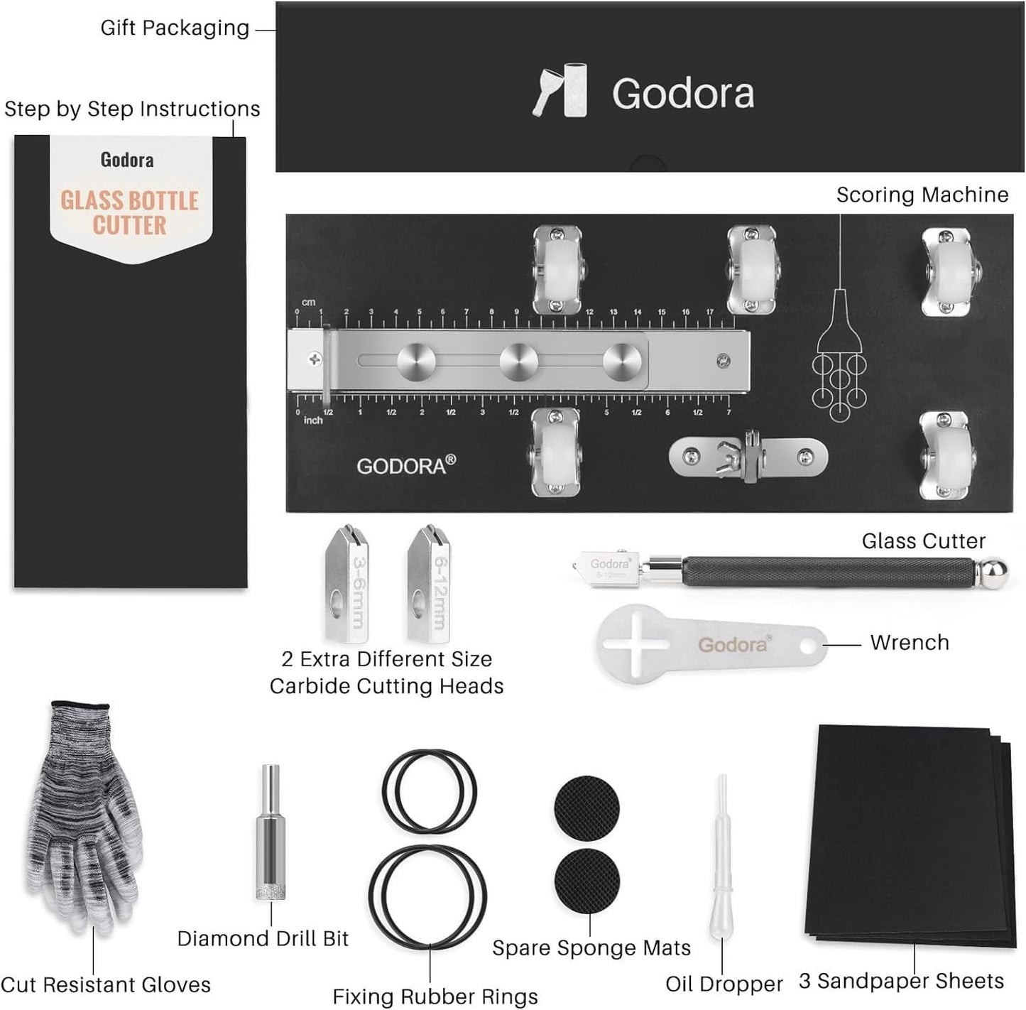 Godora Glass Bottle Cutter, Upgraded Glass Cutter for Bottles & Glass Cutter Bundle - DIY Machine for Cutting Wine, Beer or Soda Round Bottles & Mason Jars, Perfect Score Bottle Cutter
