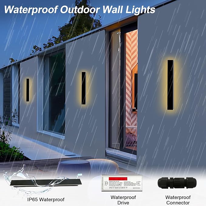 24inch Outdoor Wall Lights, Black LED Exterior Light Fixtures Wall Mount, Modern Porch Lights Sconce 3000K, Long Strip Wall Lamp Outside Lighting for Living Room, House