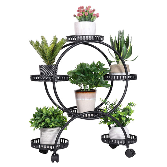 unho Metal Plant Stand 6-Potted: Flower Pot Holder with Wheels 4 Tier Display Shelf Rack for Patio Balcony Yard Garden Home Decor, Black