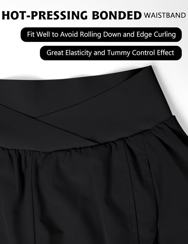 Women's High Waisted Crossover Workout Shorts - Athletic Running Shorts with Zipper Pockets | Comfortable & Stylish