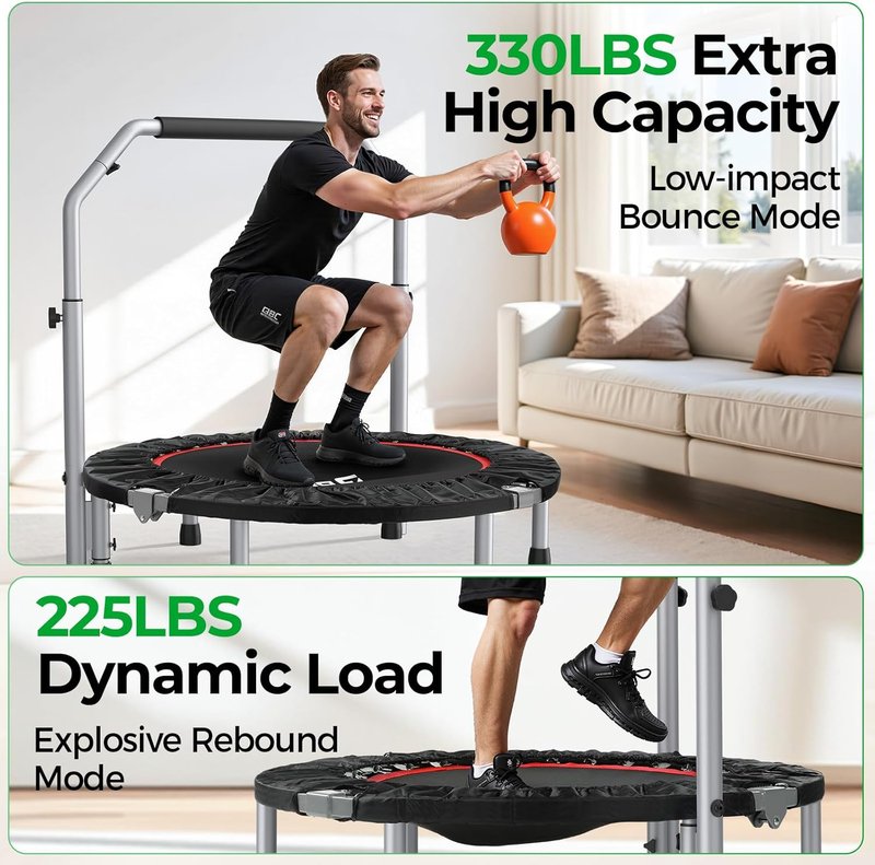 BCAN Foldable Mini Trampoline - Fitness Rebounder for Adults, Max Load 440lbs | Adjustable Foam Handle, Indoor/Garden Use