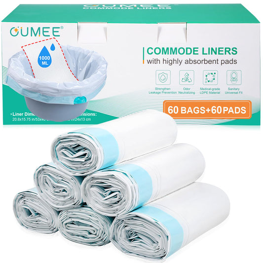 60 Commode Liners with Absorbent Pads, 60 Bedside Commode Liners and 60 Pads for Commode Bucket, Disposable Commode Bags for Adults, Portable Leak-Proof Potty Chair Liners (21 * 16in-60+60)