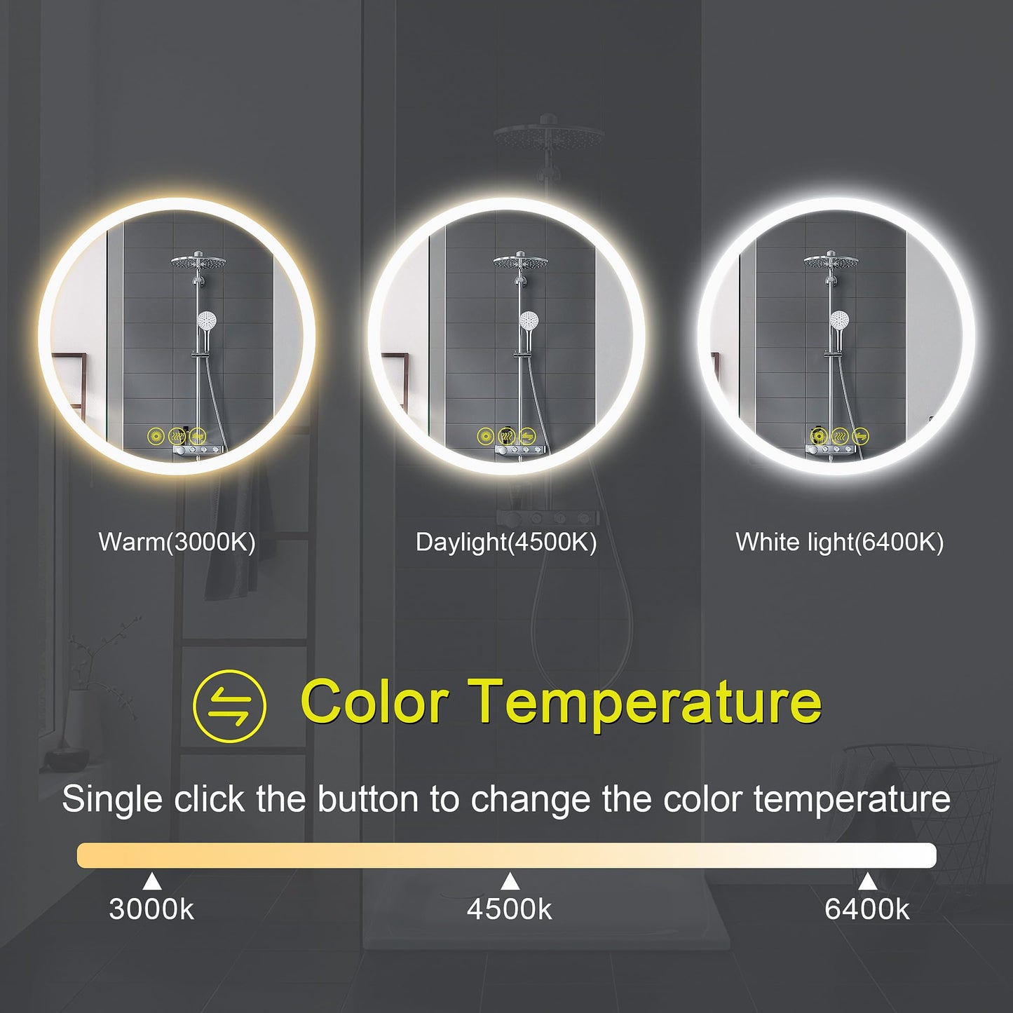 AI-LIGHTING Round Mirror with Lights Bathroom Mirror Wall Mounted 60cm Anti-Fog Color Change Dimmable Memory IP54