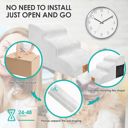 Myiosus Dog Stairs, 3-Step Non-Slip Pet Steps for Sofa and Bed, High Density Foam Dog Ramp with Removable Washable Cover for Small Dogs/Cats, 60x40x40cm, White