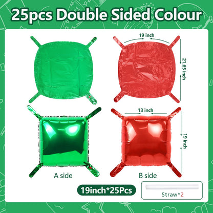 NISOCY 25PCS Christmas Balloons Red Green Square Foil Balloon Wall Backdrop Double Sided Metallic Red Balloons Arch Kit for New Years Birthday Anniversary Bridal Baby Shower Party Decorations