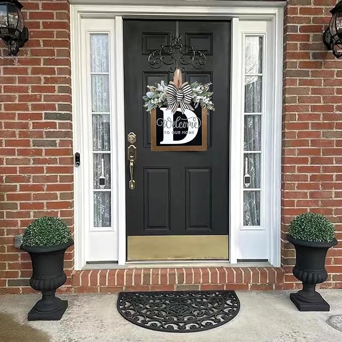 16'' Personalized Last Name Welcome Sign, Door Wreaths for Front Door Outside, Spring Wreath for Front Door Decor, Farmhouse New Home Gifts for Home (D)
