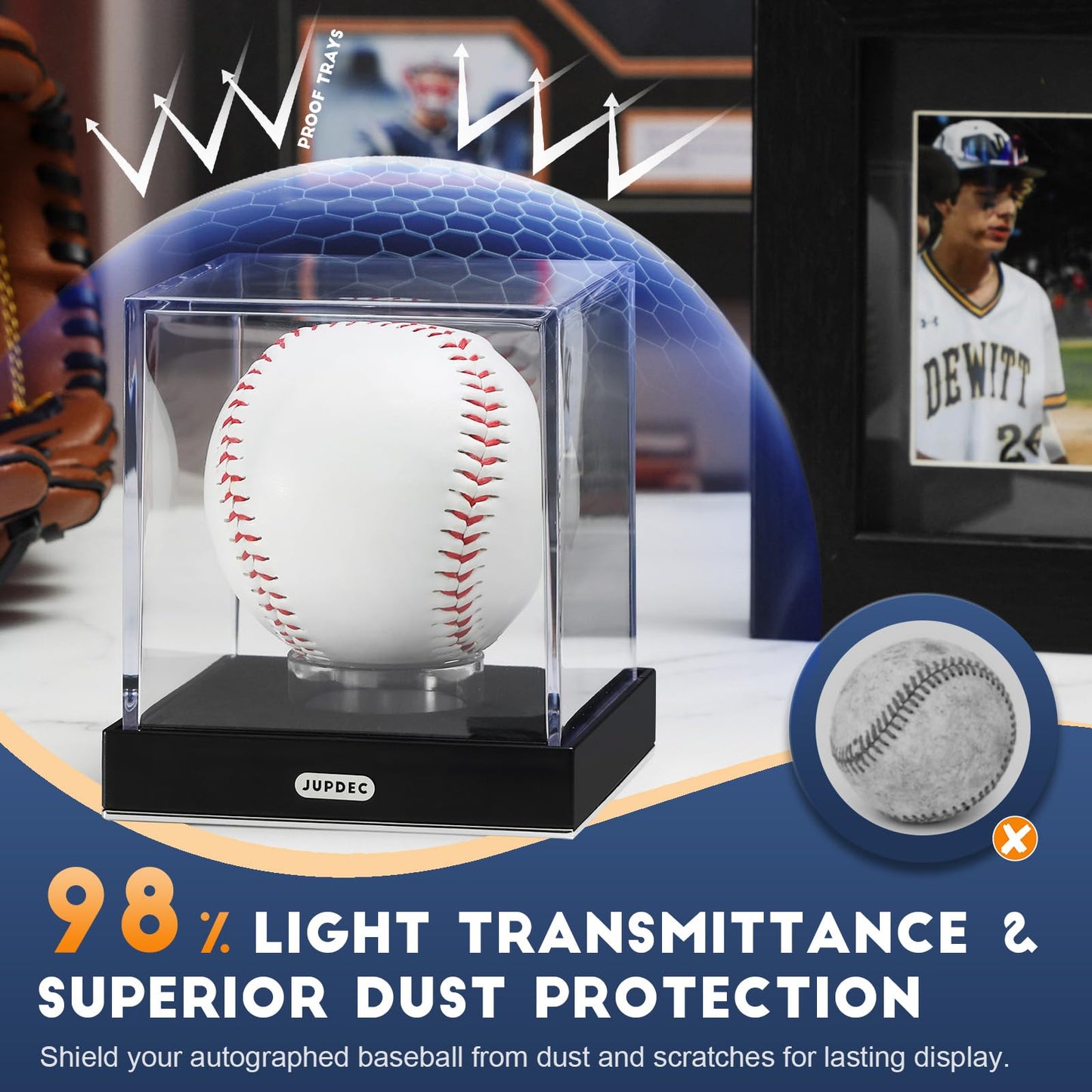 JupDec Baseball Display Case for Single Autograph Ball, Clear Acrylic Cube Baseball Holder with Velvet Interior, UV Protected Stand Box with Durable Base, Ideal Gift for Sports Fans, Silvery, 2 Pack