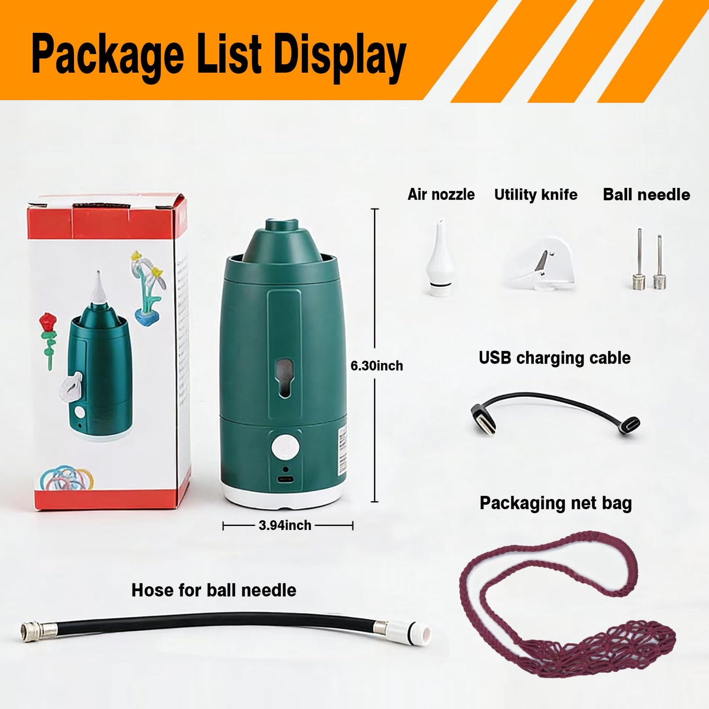 Rechargeable Cordless Portable Electric Balloon Pump - Built-in Battery Air Machine, Dual Modes for Latex/Foil/Balloon/Basketball, Includes Red Mesh Bag, Perfect for Party/Birthday Decor