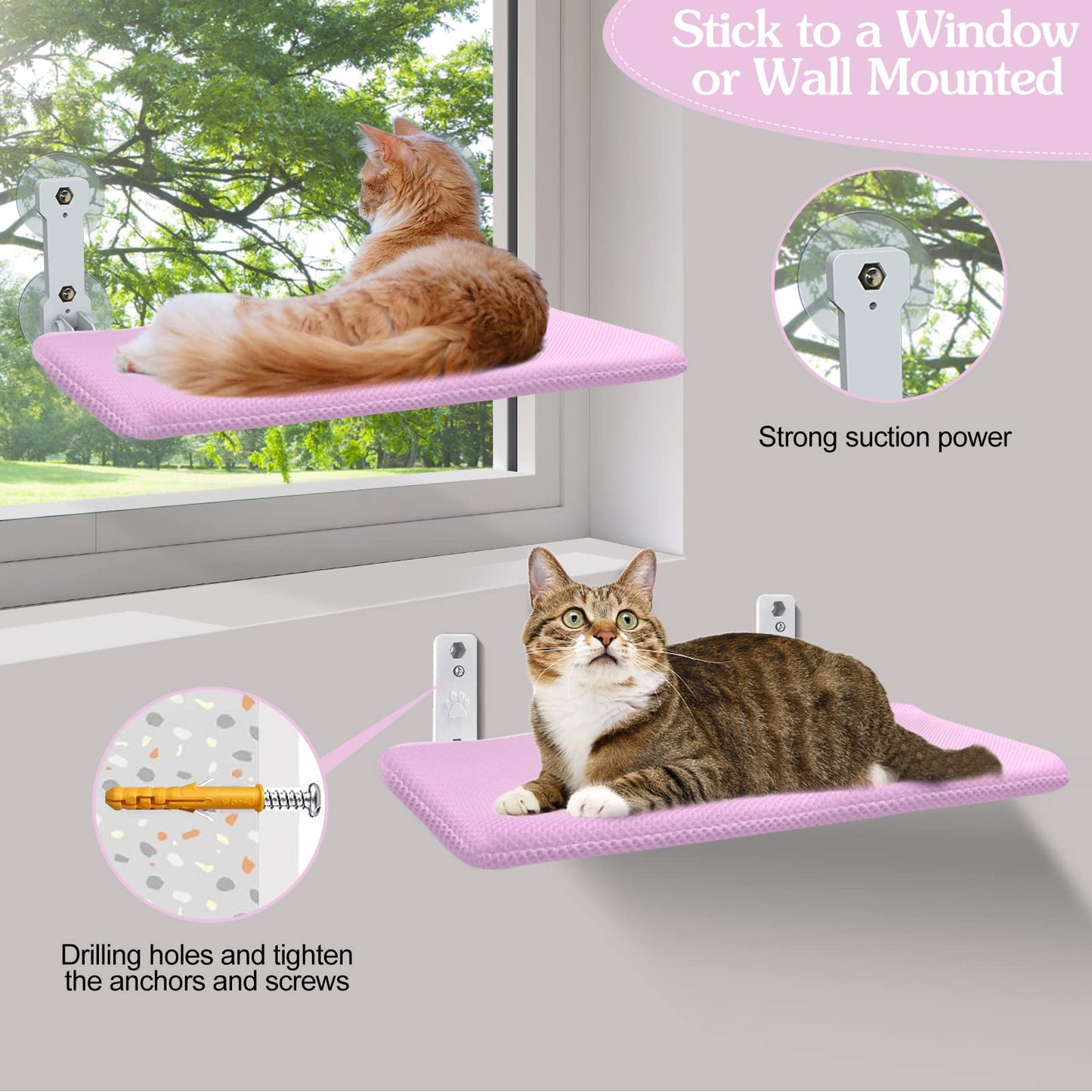 Foldable Cat Window Perch, Cordless Cats Window Hammock Window Bed for Indoor, Large Window Seat Sill Cat Perch, Strong Suction Cup & Sturdy Metal Frame & Breathable Mat