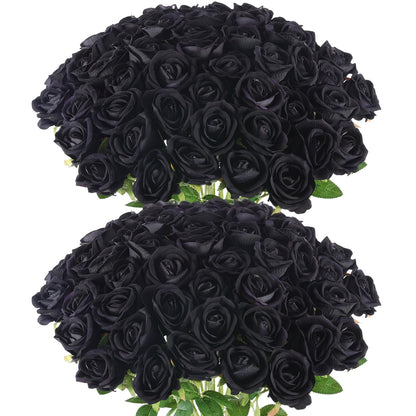 Hananona 50 Pcs Artificial Roses in Bulk, Fake Velvet Silk Roses Realistic Black Roses for Wedding Centerpieces Flower Arrangement Home Decor (50, Black)