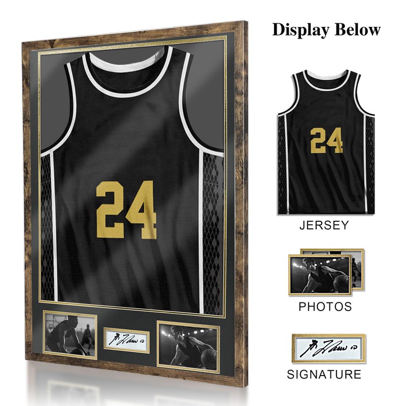 ASmileIndeep Jersey Frame Display Case, Large Shadow Box with 98% UV Protection Acrylic, Two Photo Frame One Signature Jersey Frame for Baseball Basketball Hockey Uniform, Vintage