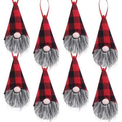 Ivenf 8 Pack 5.5 Inch Handmade Plush Tomte Gnome Hanging Ornaments, Swedish Scandinavian Santa with Buffalo Check Plaid Hat, Christmas Decorations