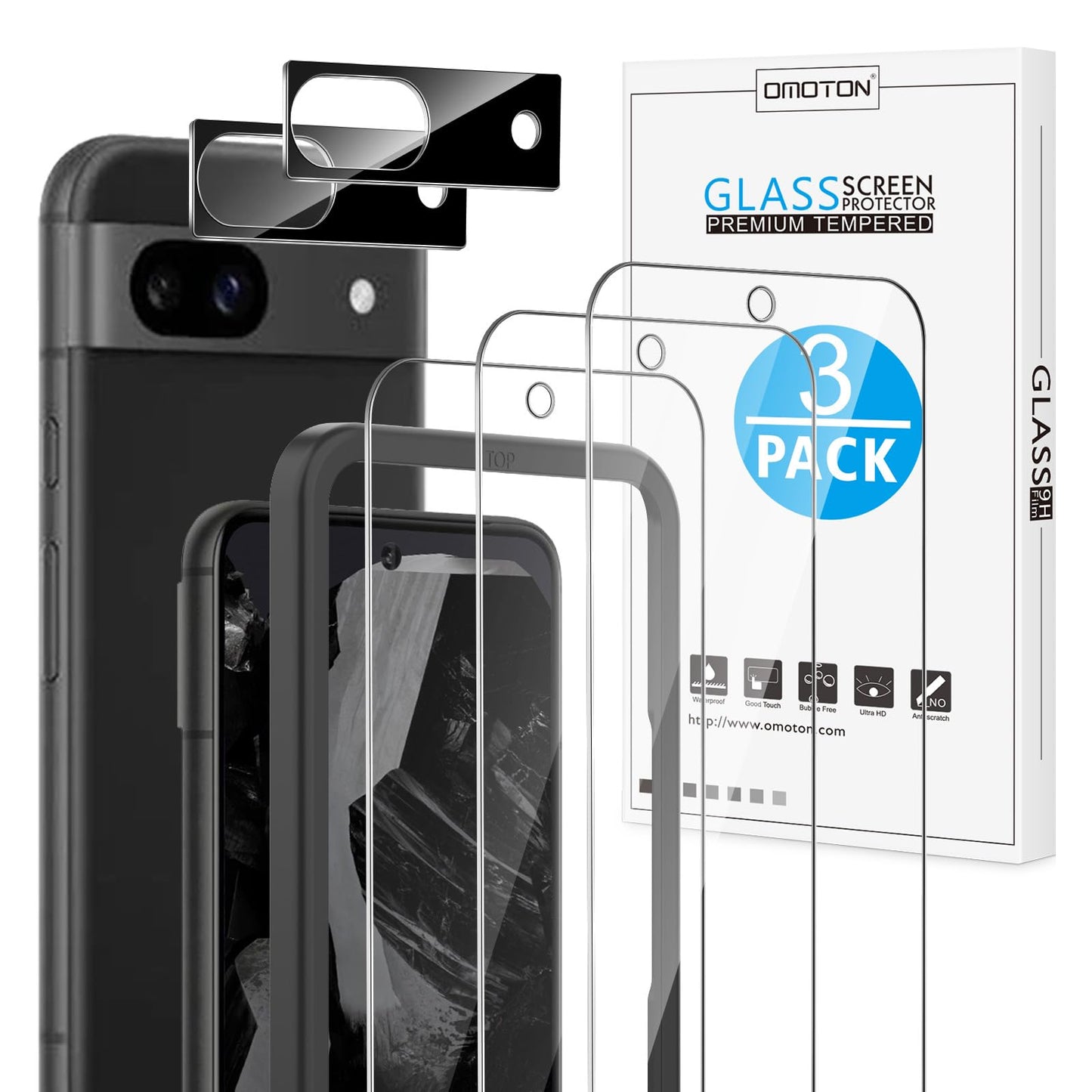 OMOTON 3+2 Pack for Google Pixel 9 Pro Screen Protector, 3 Pack Tempered Glass Screen Protector & 2 Pack Camera Lens Protector for Pixel 9 Pro 2024 6.3-inch, Case Friendly (Not for Pixel 9/9 Pro XL)