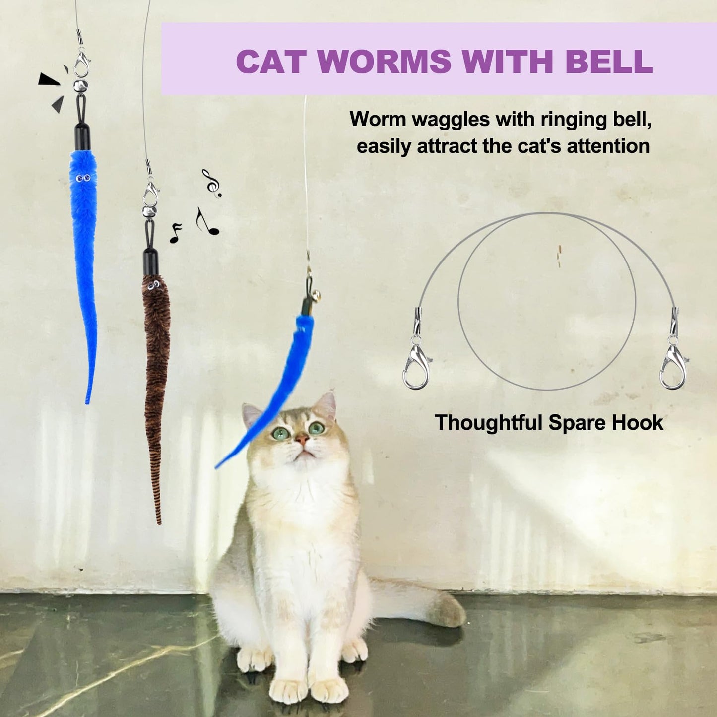 11PCS Cat Wand Toy, Cat Interactive Toys for Indoor Cats, 2 Retractable Cat Wand, 7 Worm Cat Teaser Toys and 1 Plush Fish Cat Toy, Cat Feather Toys for Play Chase Exercise with Kitten, Extra 1 Line