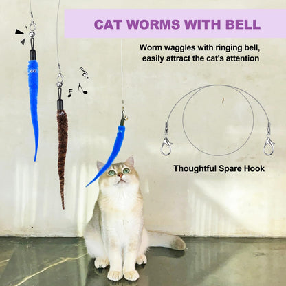 11PCS Cat Wand Toy, Cat Interactive Toys for Indoor Cats, 2 Retractable Cat Wand, 7 Worm Cat Teaser Toys and 1 Plush Fish Cat Toy, Cat Feather Toys for Play Chase Exercise with Kitten, Extra 1 Line
