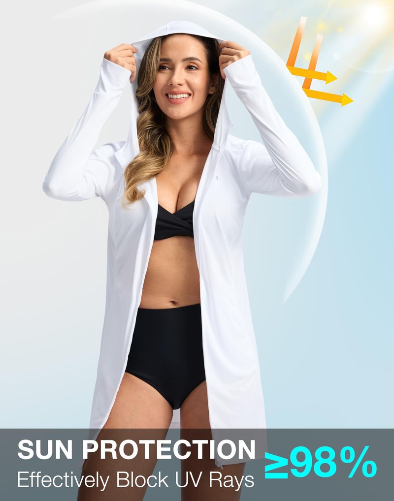 Soothfeel Women's UPF 50+ Swim Cover Up Sun Protection Hoodie SPF Lightweight Jacket Long Sleeve Beach Cover Ups for Women (White,L)