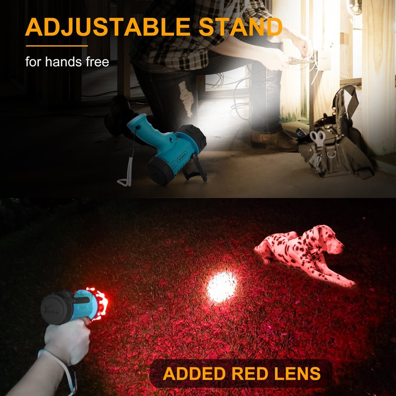 YIERBLUE Rechargeable Spotlight Flashlight IP67 Waterproof with 1000,000 Lumen LED, 12 Hours Long Running Spot Light, Impact Resistant Handheld Spotlight with Foldable Stand Red Lens