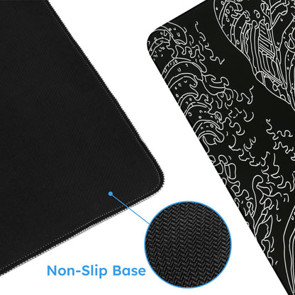iCasso Mousepad, Gaming Mouse Pad, XXL Large Desk Mat, Big Rubber Base Mouse Mat with Stitched Edges, Computer Keyboard Desk Pad for Work, Game, Office, Home - Black Wave of Kanagawa