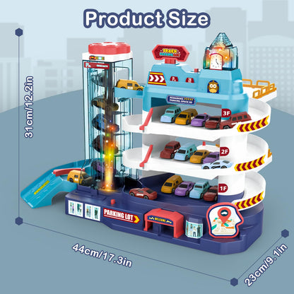 deAO Toy Car Garage Track Set with Music and Light Effects for Kids, 3-story Parking Building with Electric Elevator, Kids' Play Vehicle Garages for 3+ Years Old Boys Girls Christmas Birthday