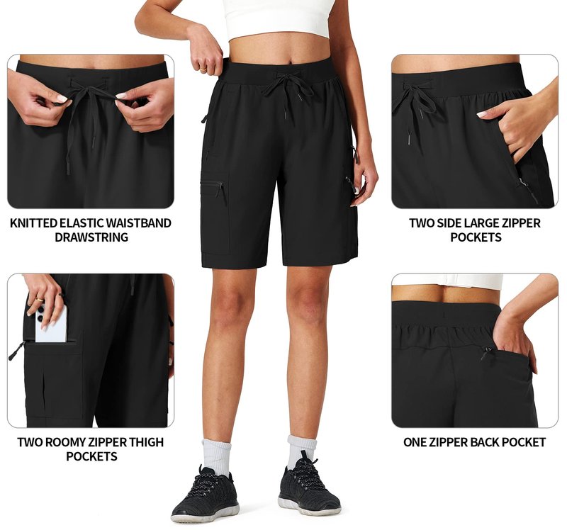 Ksmien Women's Hiking Cargo Shorts Quick Dry Lightweight Summer Shorts with Zipper Pockets for Travel Golf Camping Black