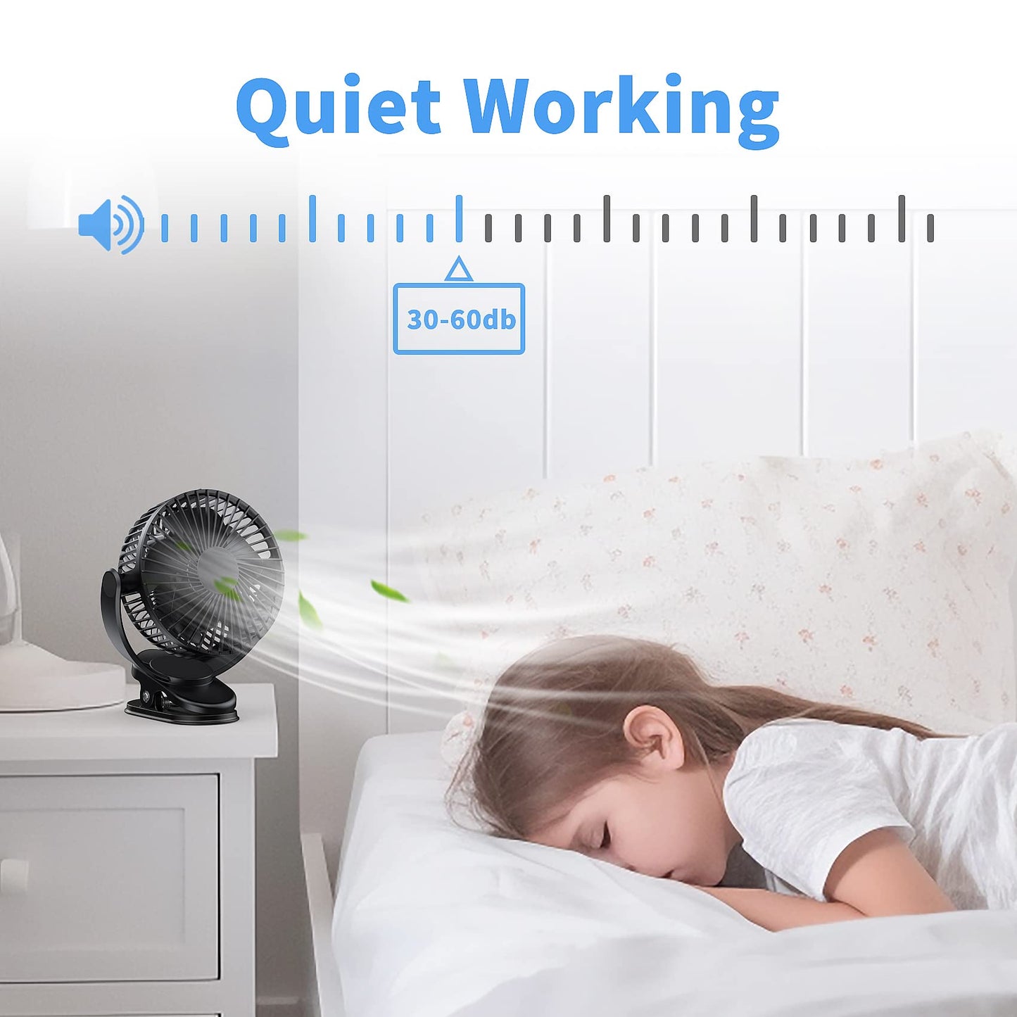 ATEngeus Rechargeable Clip-on USB Desk Fan, 3 Speeds, 5000mAh Battery, 720Rotation, Sturdy Clamp for Home, Camping, Treadmill and Car