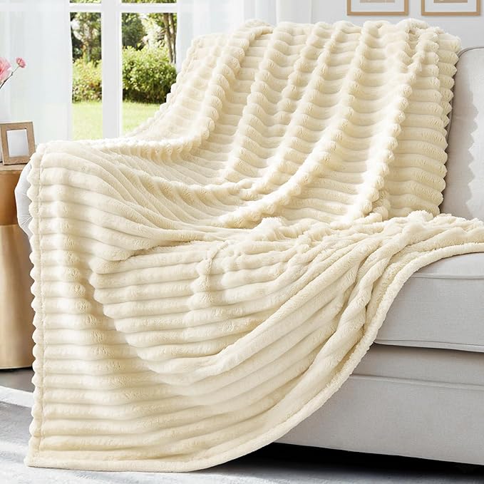 decorUhome Soft Fleece Beige Blanket King Size for Bed, Cozy Fluffy Plush Flannel Large Striped Throws for Couch Sofa, Lightweight Decorative Fuzzy Blanket for Woman, 108x90 Inches