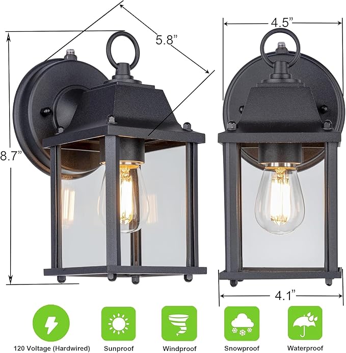 LIT-PaTH Dusk to Dawn Outdoor Wall Lantern, Wall Sconce, Waterproof Proch Light Fixture E26 Base, Aluminum Housing Glass Shade, Outdoor Rated, 2-Pack, Black