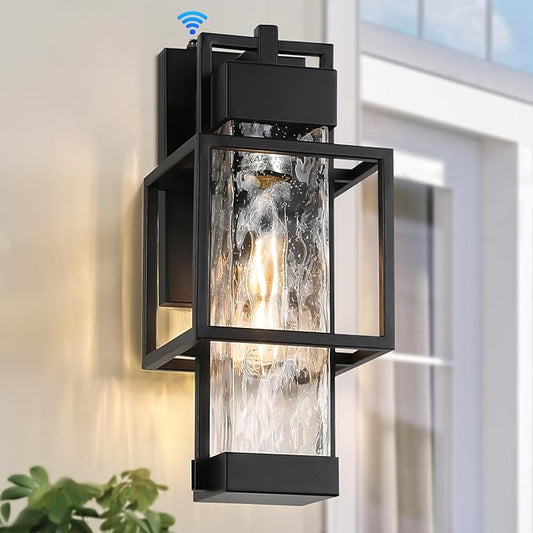 SHIMR Outdoor Wall Lights Dusk to Dawn Light Fixture with Water Glass, Modern Outdoor Sconce Lights 15" H Porch Lights with Black Finish, Waterproof Exterior Wall Light, Bulb Included