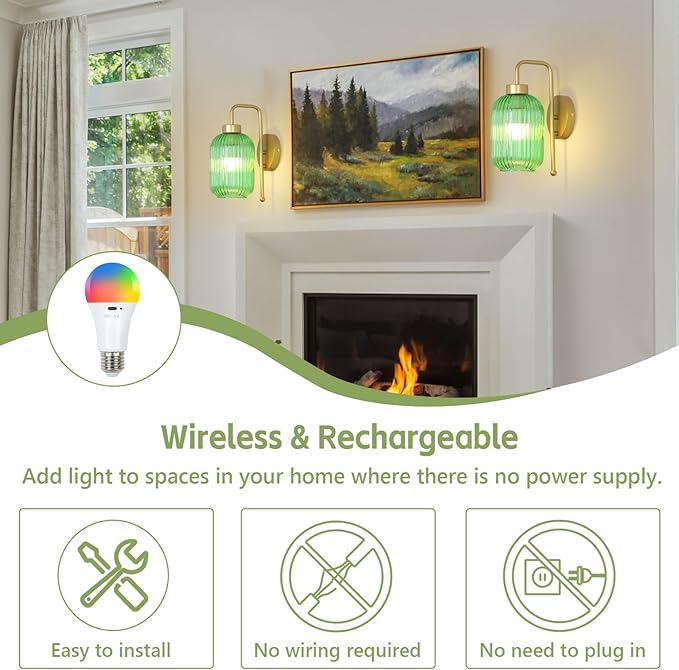 Vintage Battery Operated Wall Sconce with Green Glass Shade, Wireless Sconces Set of 2 with Remote and Dimmable Bulbs, Gold Rechargeable Cordless Wall Lights for Bedroom Living Room Bathroom