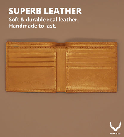 PELLE TORO Minimalist Slim Mens Wallet, Handmade Real Leather Card Wallet with RFID Blocking, 10 Card Holder Slots & Note Section, Tan