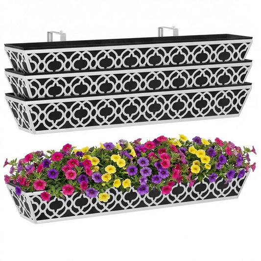 Y&M 4Pcs 36'' Railing Planter Box Set with Adjustable Brackets, Large Hanging Window Boxes for Fence, Deck, Balcony, and Garden, Gray Metal Frame with Black Nonwoven Fabric Liner