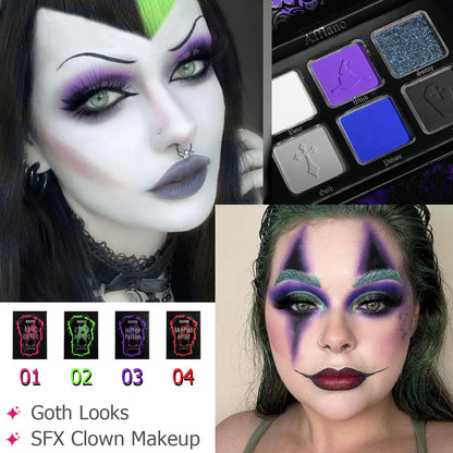 Afflano Goth Eyeshadow Palette Purple Blue, Multichrome Chrome Blue Purple Matte Black White Grey Dark Eye Shade, Gothic Halloween Makeup Eye Shadow Pallet for Joker Clown Cosplay SFX Makeup Costume