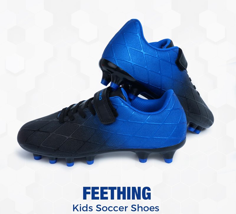 FEETHING Youth Soccer Cleats for Boys and Girls Firm Ground Football Shoes with Easy-On Hook & Loop Closure Lightweight & Breathable for Outdoor Field Play (Little Kid & Big Kid Sizes)
