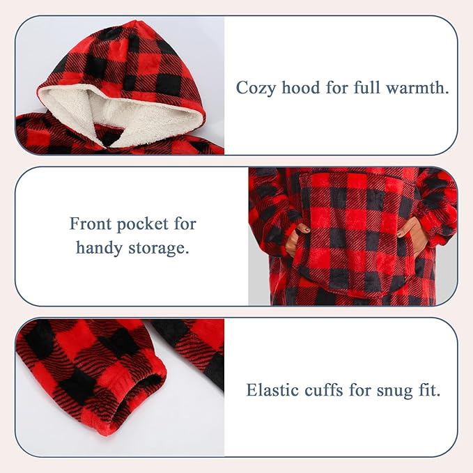 Wearable Blanket Hoodie Red Plaid Warm Sweatshirt Hooded Blanket One Size Fits All