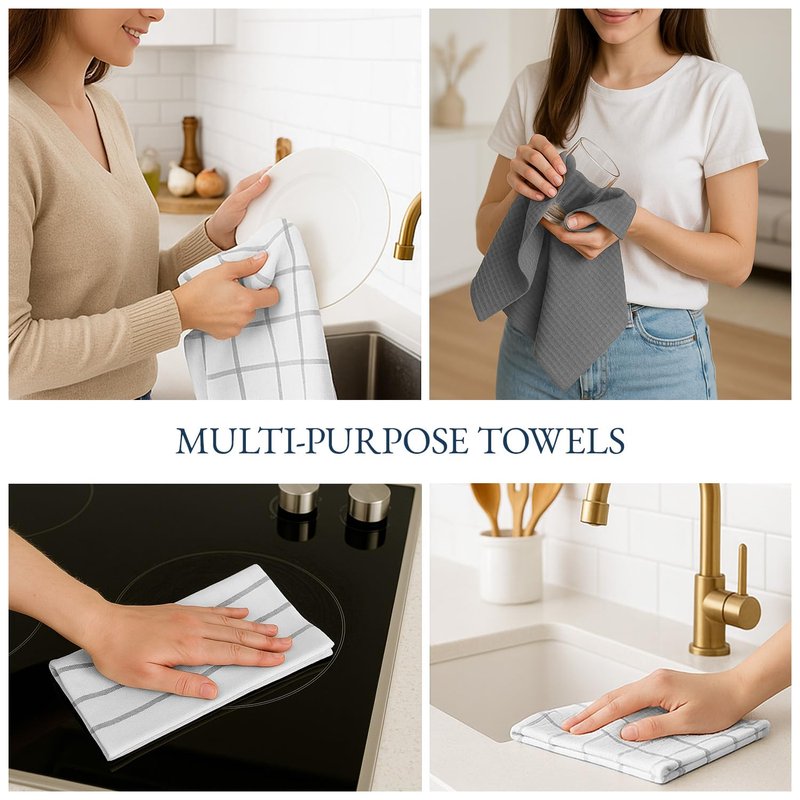 LANE LINEN Cotton Kitchen Towels and Dish Cloths Set, 6-Pack – Absorbent, Quick-Drying Dish Towel, 18" x 28", Soft, Premium Hand and Tea Towels - Grey