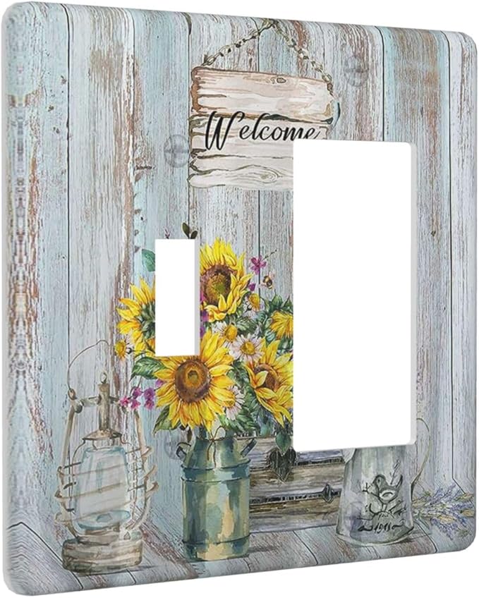 Sunflower Vintage Barn Wooden 2 Gang Light Switch Covers Sun floral Single Toggle Rocker Combo Wall Plate Electrical Faceplate Decorative Switchplate Farmhouse Home Livingroom Decor