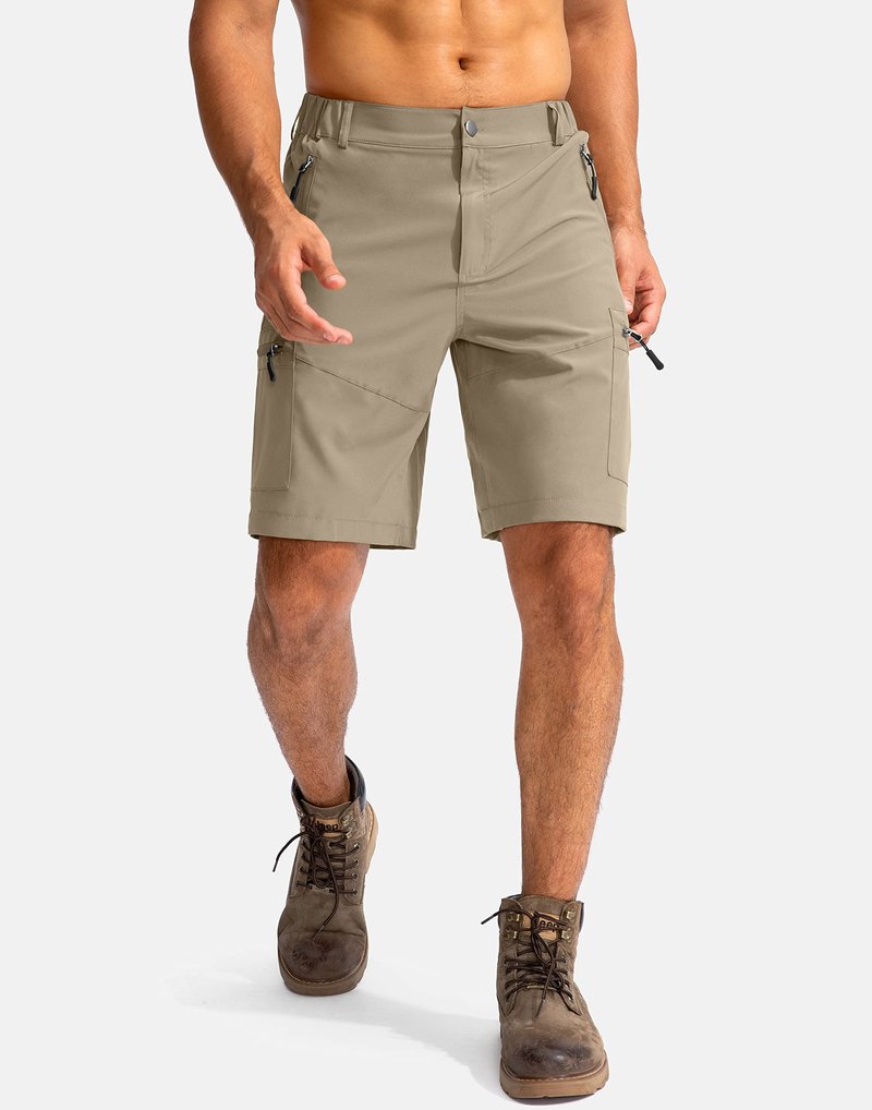 Pudolla Men's Hiking Cargo Shorts 9" Lightweight Outdoor Work Shorts for Men Travel Golf Camping Casual with 5 Zipper Pockets(Dusty Khaki Small)