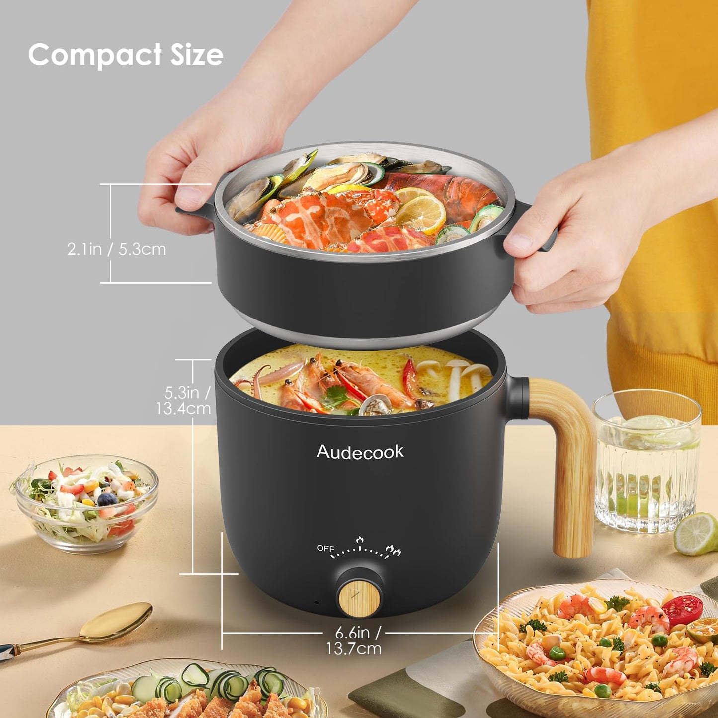 Audecook Hot Pot Electric with Steamer, 1.5L Portable Nonstick Rapid Noodles Cooker, Travel Electric Skillet with Dual Power Control for Pasta/Soup/Steak/Egg/Oatmeal(Black)
